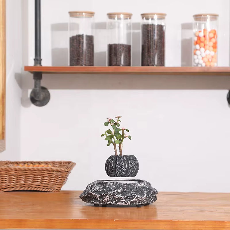 Nordic Simple Personality Black Resin Stone-Like Floating Magnetic Levitation Indoor Outdoor Home Office Bonsai Pots for Plants