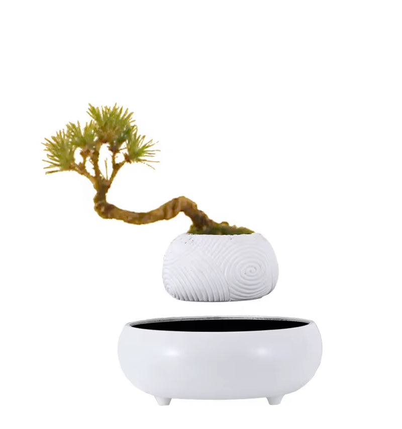 Nordic Unique Handmade White Ceramic-Like Smart Decor Resin Garden Magnetic Floating Levitating Flower Pot Bonsai Pot