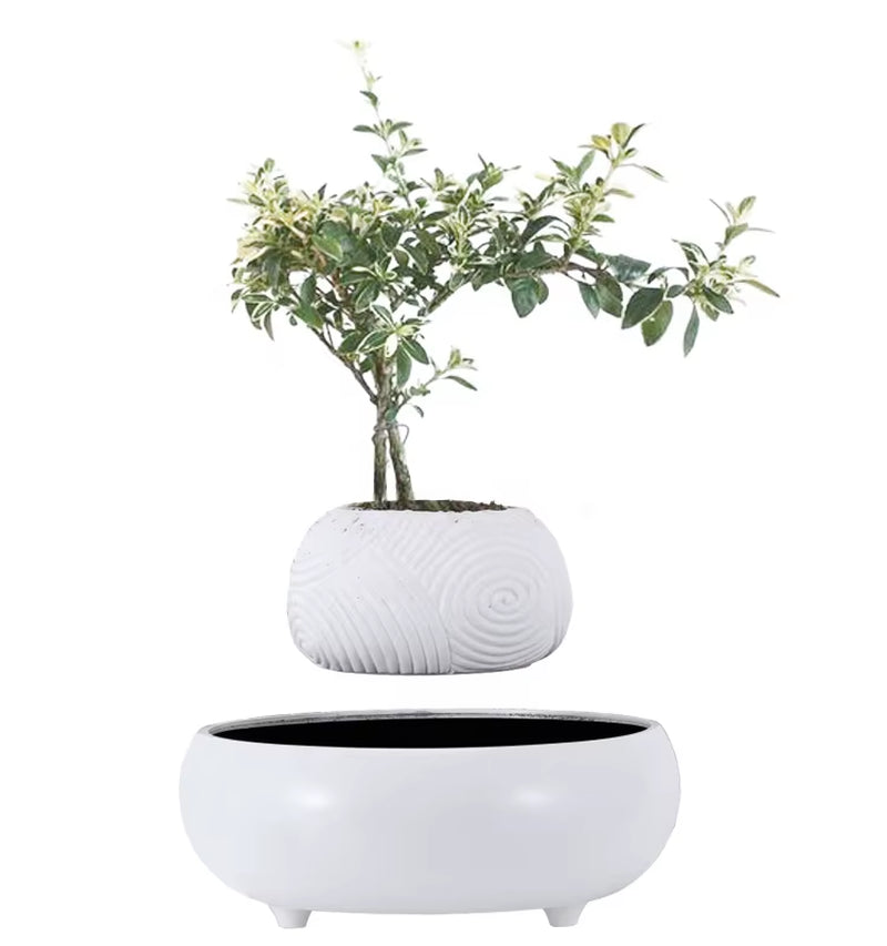 Nordic Unique Handmade White Ceramic-Like Smart Decor Resin Garden Magnetic Floating Levitating Flower Pot Bonsai Pot