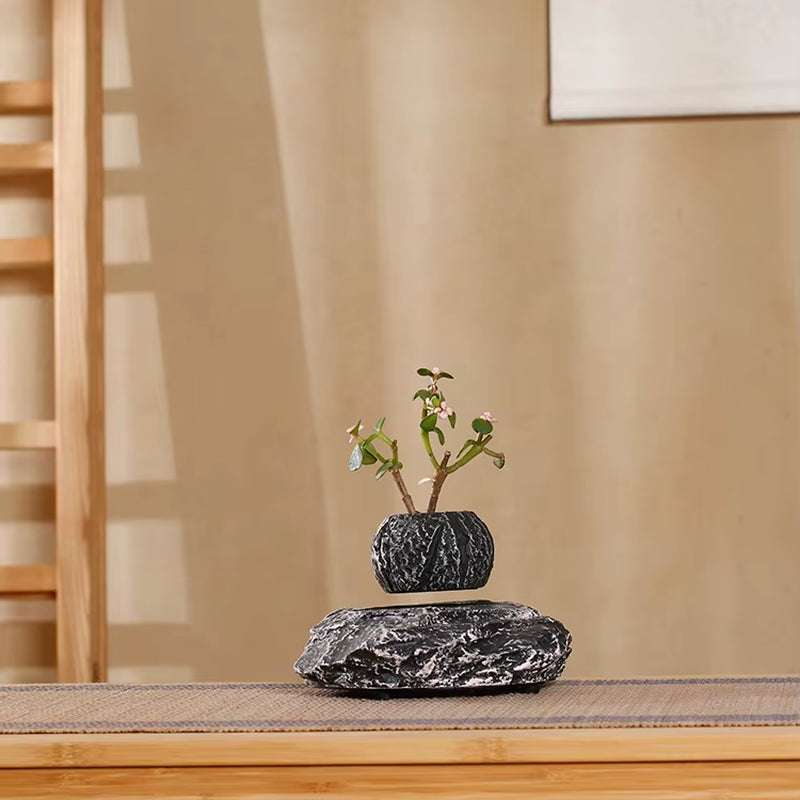 Nordic Simple Personality Black Resin Stone-Like Floating Magnetic Levitation Indoor Outdoor Home Office Bonsai Pots for Plants