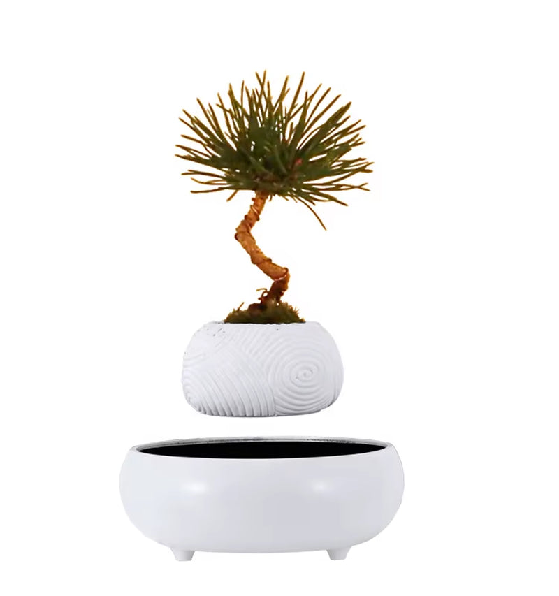 Nordic Unique Handmade White Ceramic-Like Smart Decor Resin Garden Magnetic Floating Levitating Flower Pot Bonsai Pot
