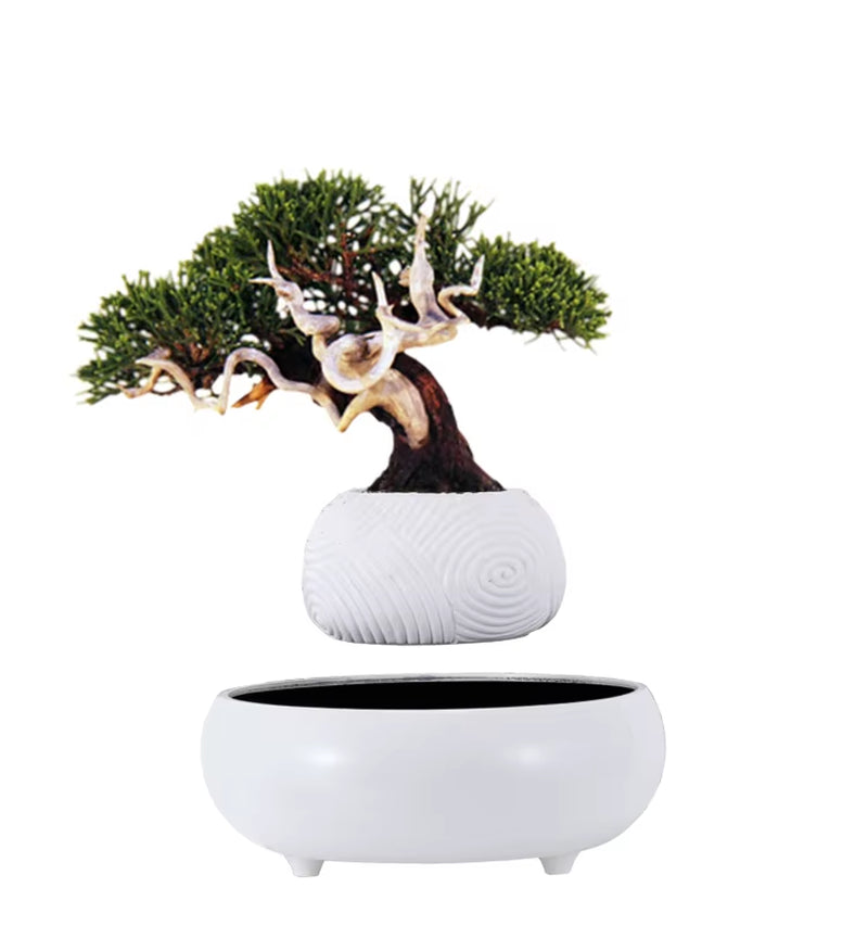Nordic Unique Handmade White Ceramic-Like Smart Decor Resin Garden Magnetic Floating Levitating Flower Pot Bonsai Pot