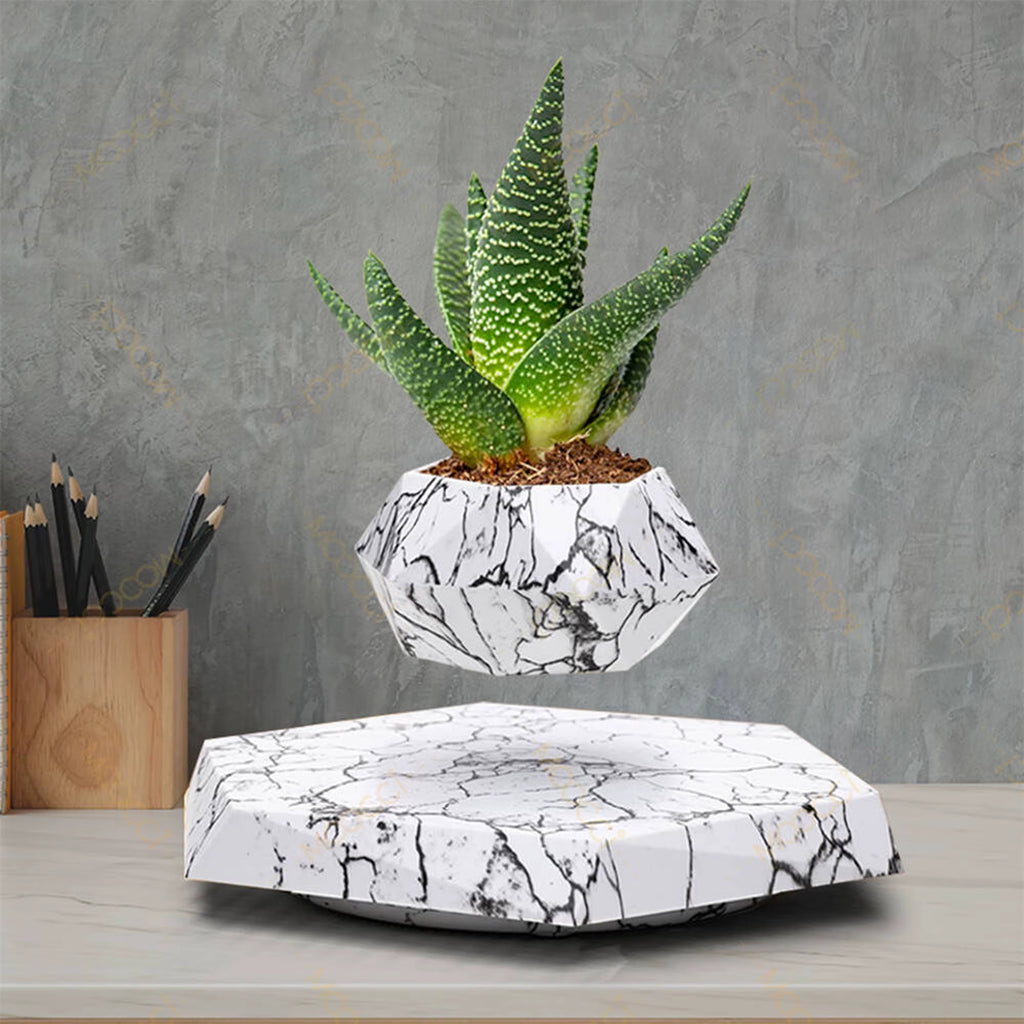 Elegant ABS Plastic Magnetic Levitation Wedding Promotions Agriculture Marble-Like Hexagon Affordable Smart Flower Plant Pot